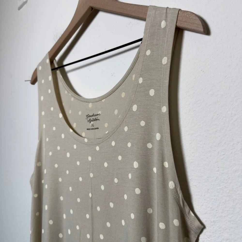 Gudrun Sjoden Women Dress XL Tan Polka Dot Sleeveless Scoop Neck Lyocell Artsy